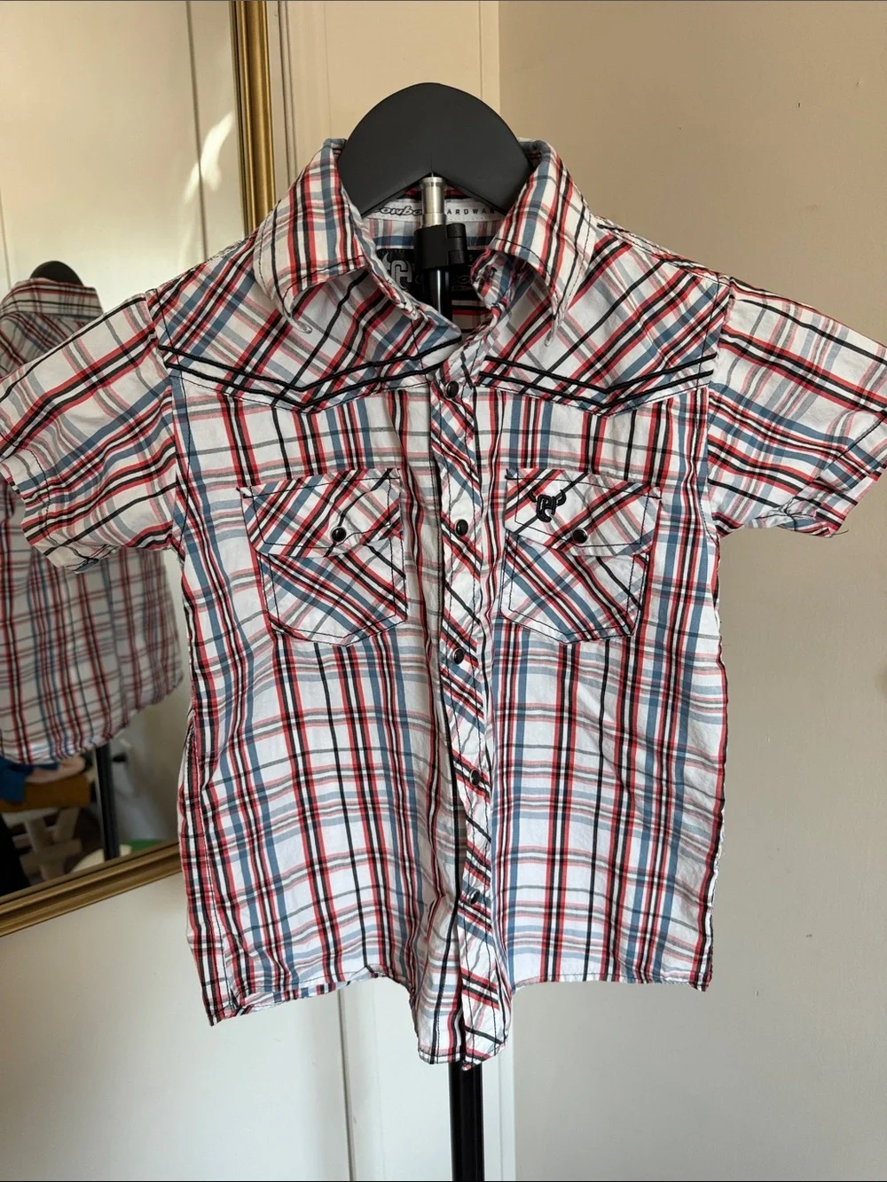 Button-Front Kids Plaid Shirt in Red, Blue & White